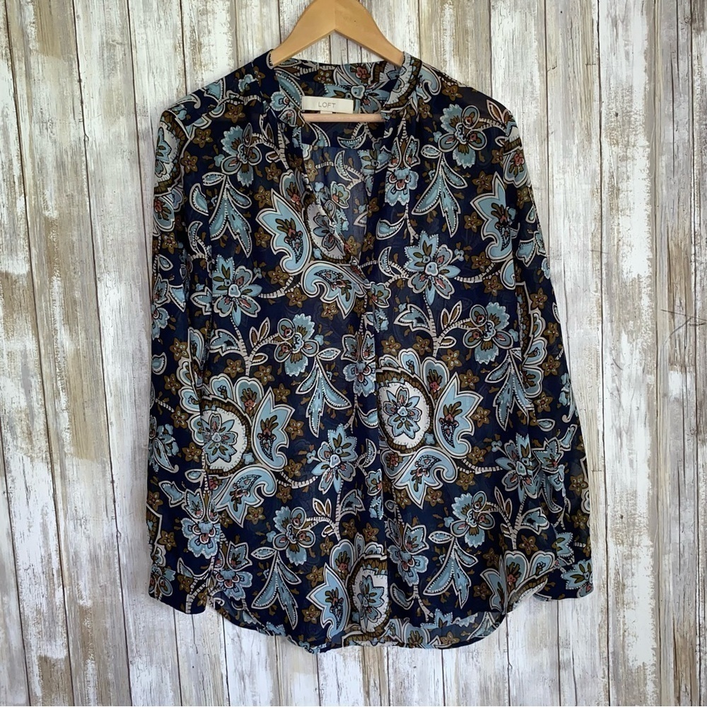 LOFT Blue Paisley Floral Popover Blouse Medium Boho Tunic Top - Picture 1 of 6